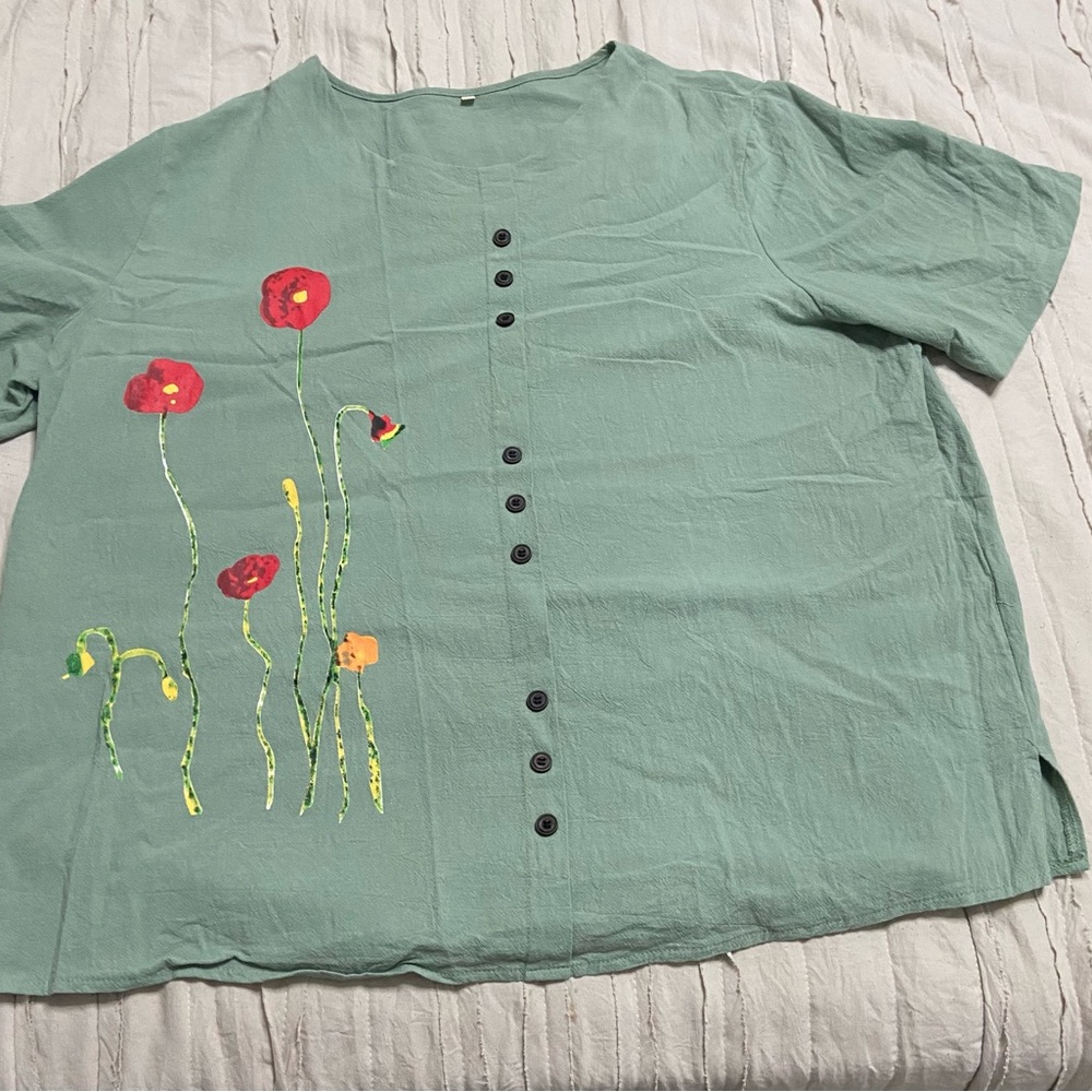 Green Button-Up Shirt with Floral Embroidery